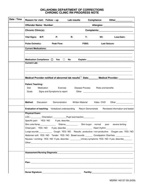 Form MSRM140137.09 Chronic Clinic Rn Progress Note - Oklahoma