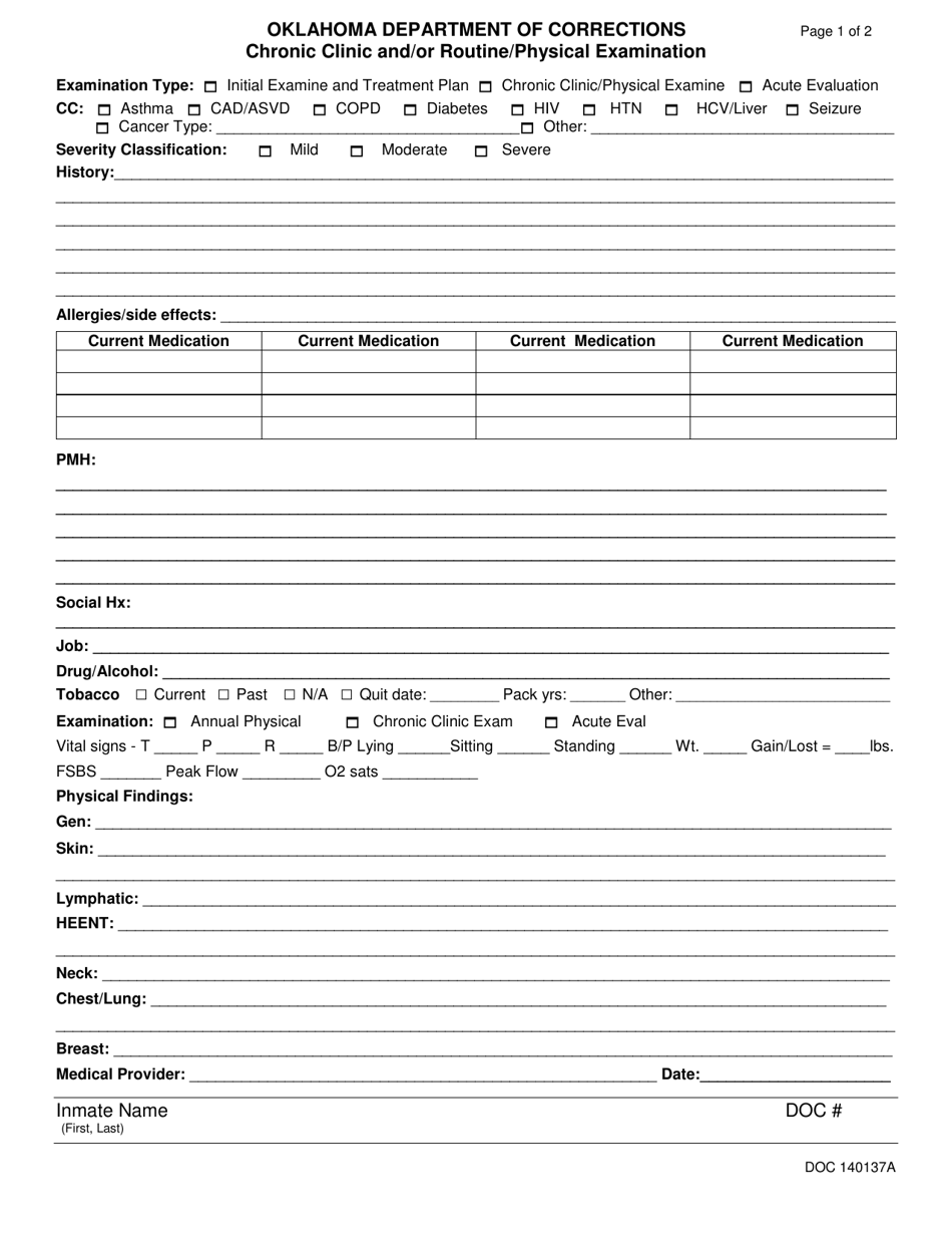 Form OP-140137A Chronic Clinic and / or Routine / Physical Examination - Oklahoma, Page 1