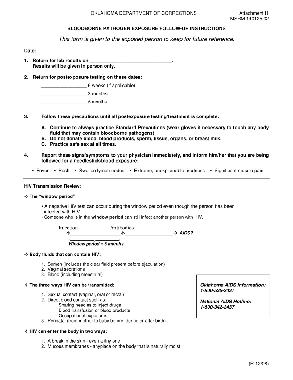 Form MSRM140125.02H Attachment H Bloodborne Pathogen Exposure Follow-Up Instructions - Oklahoma, Page 1