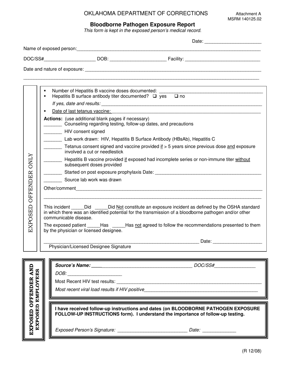 Form MSRM140125.02 Attachment A Bloodborne Pathogen Exposure Report - Oklahoma, Page 1