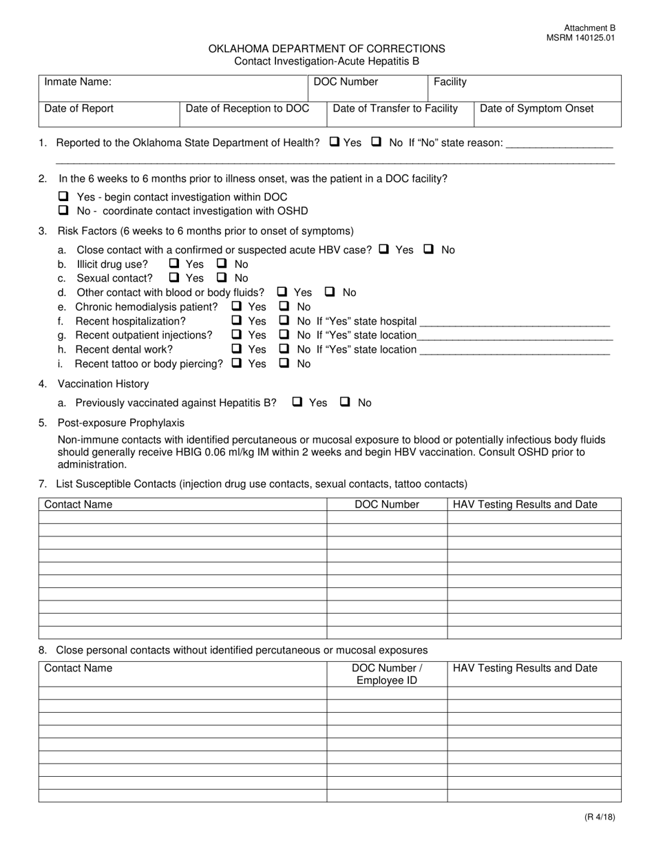 Form 140125.01 Attachment B Contact Investigation - Acute Hepatitis B - Oklahoma, Page 1