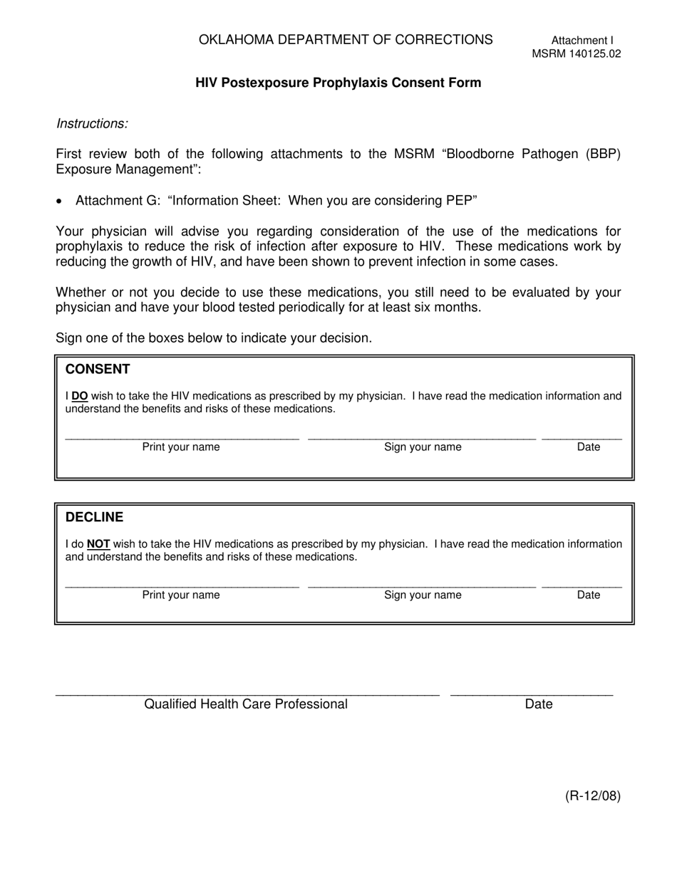 Form MSRM140125.02 Attachment I HIV Postexposure Prophylaxis Consent Form - Oklahoma, Page 1