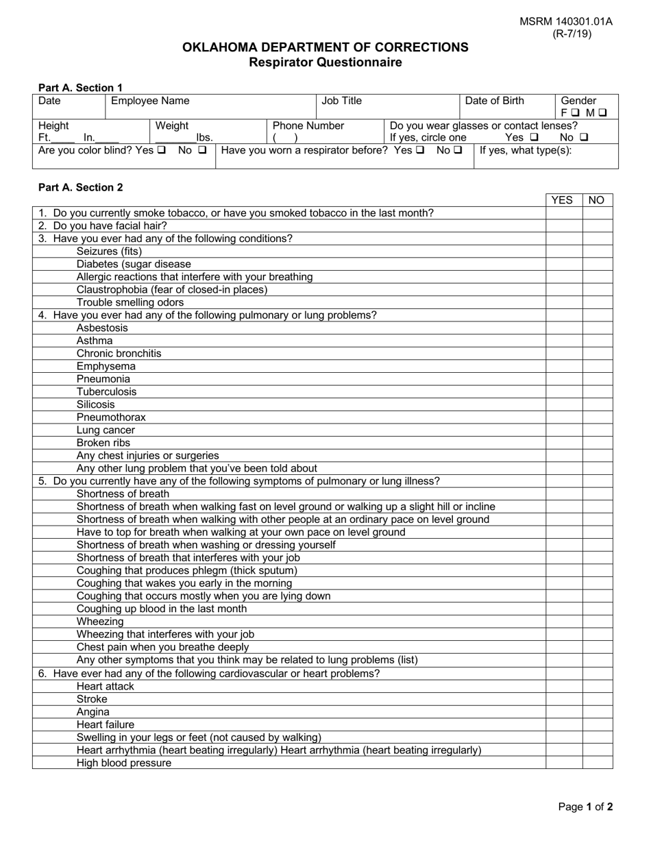 Form MSRM140301.01A Respirator Questionnaire - Oklahoma, Page 1