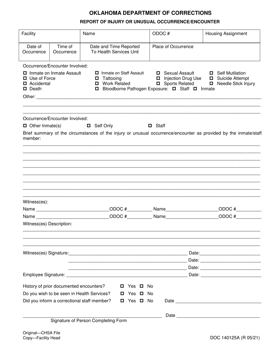 Form OP-140125A Report of Injury or Unusual Occurrence / Encounter - Oklahoma, Page 1