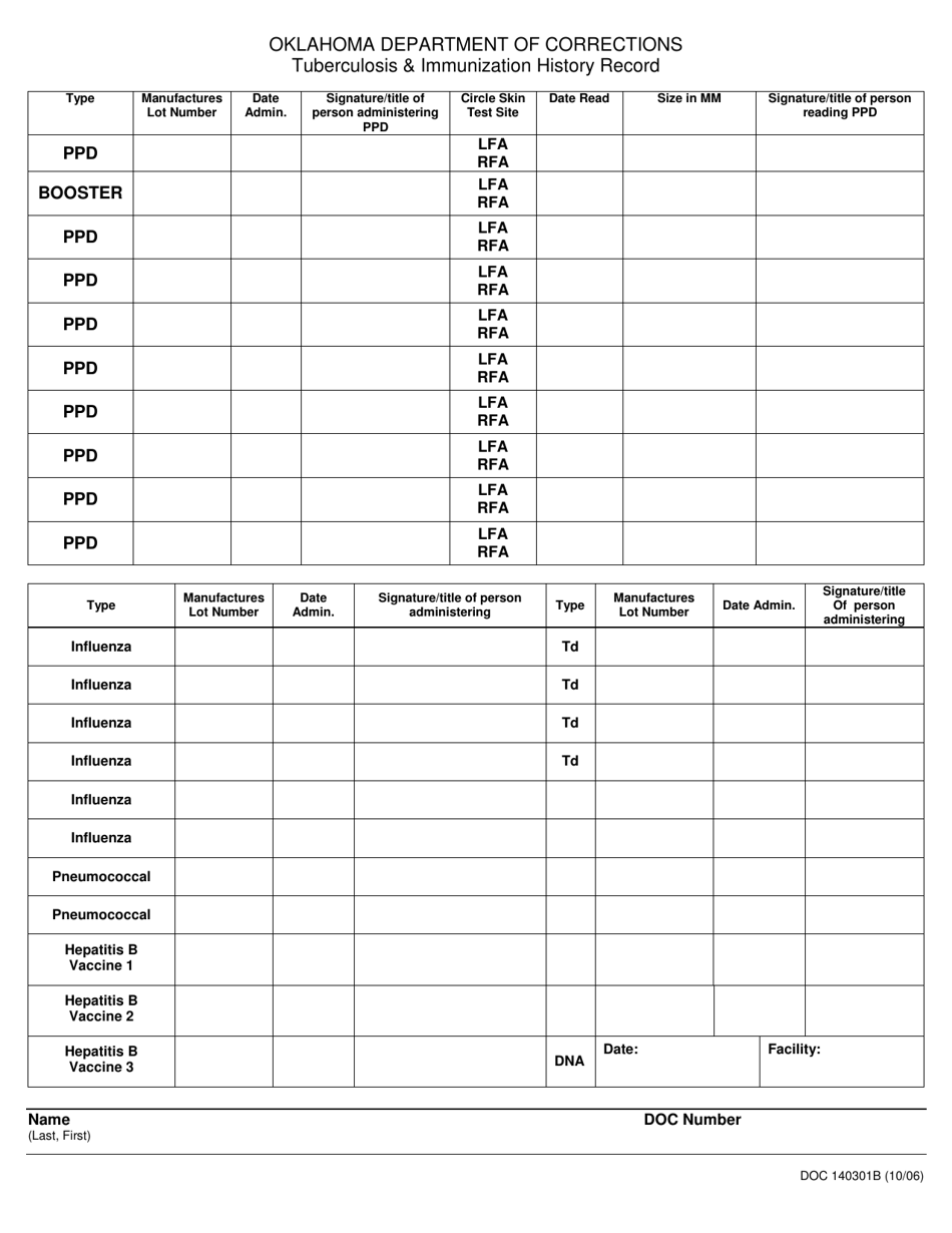 Form OP-140301B Tuberculosis  Immunization History Record - Oklahoma, Page 1