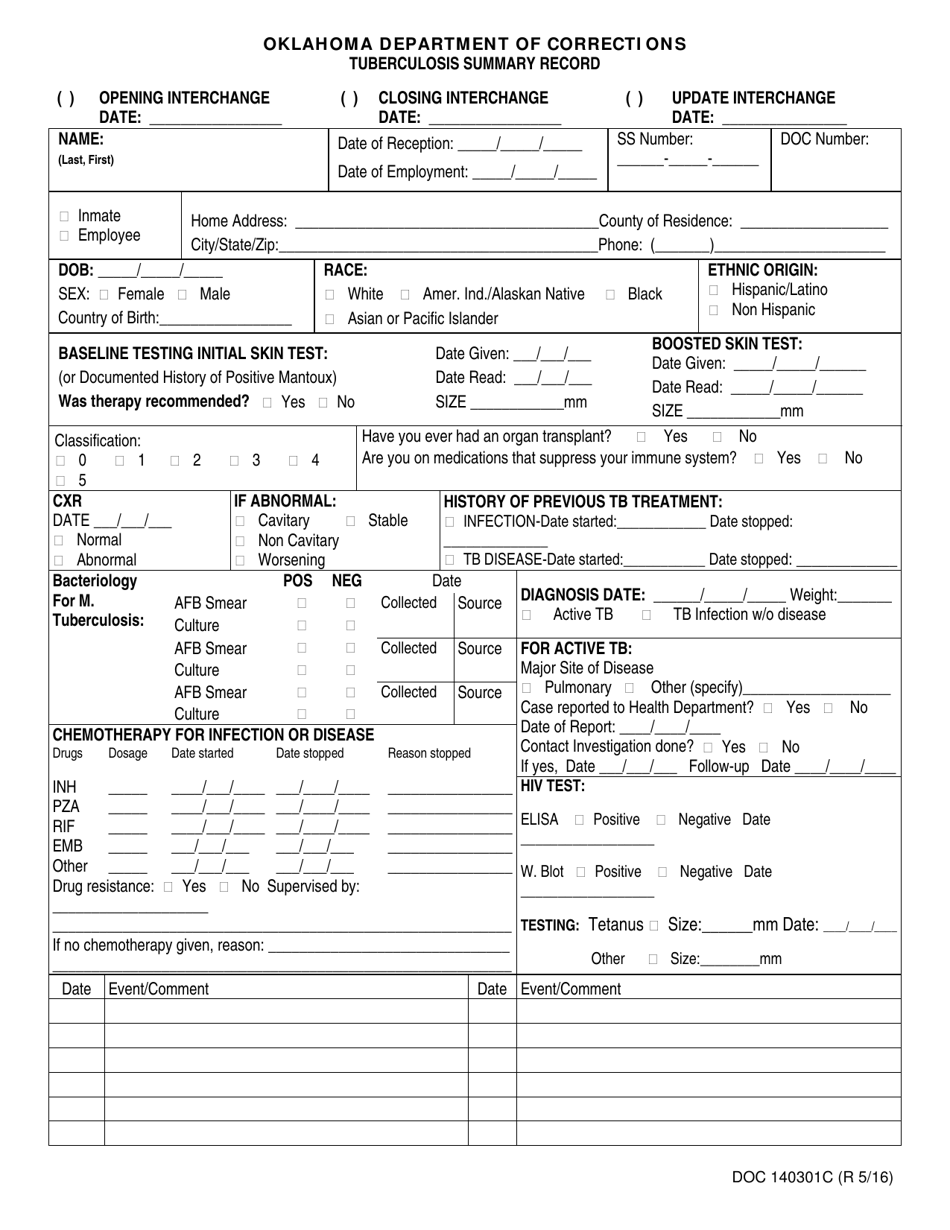 Form OP-140301C Tuberculosis Summary Record - Oklahoma, Page 1