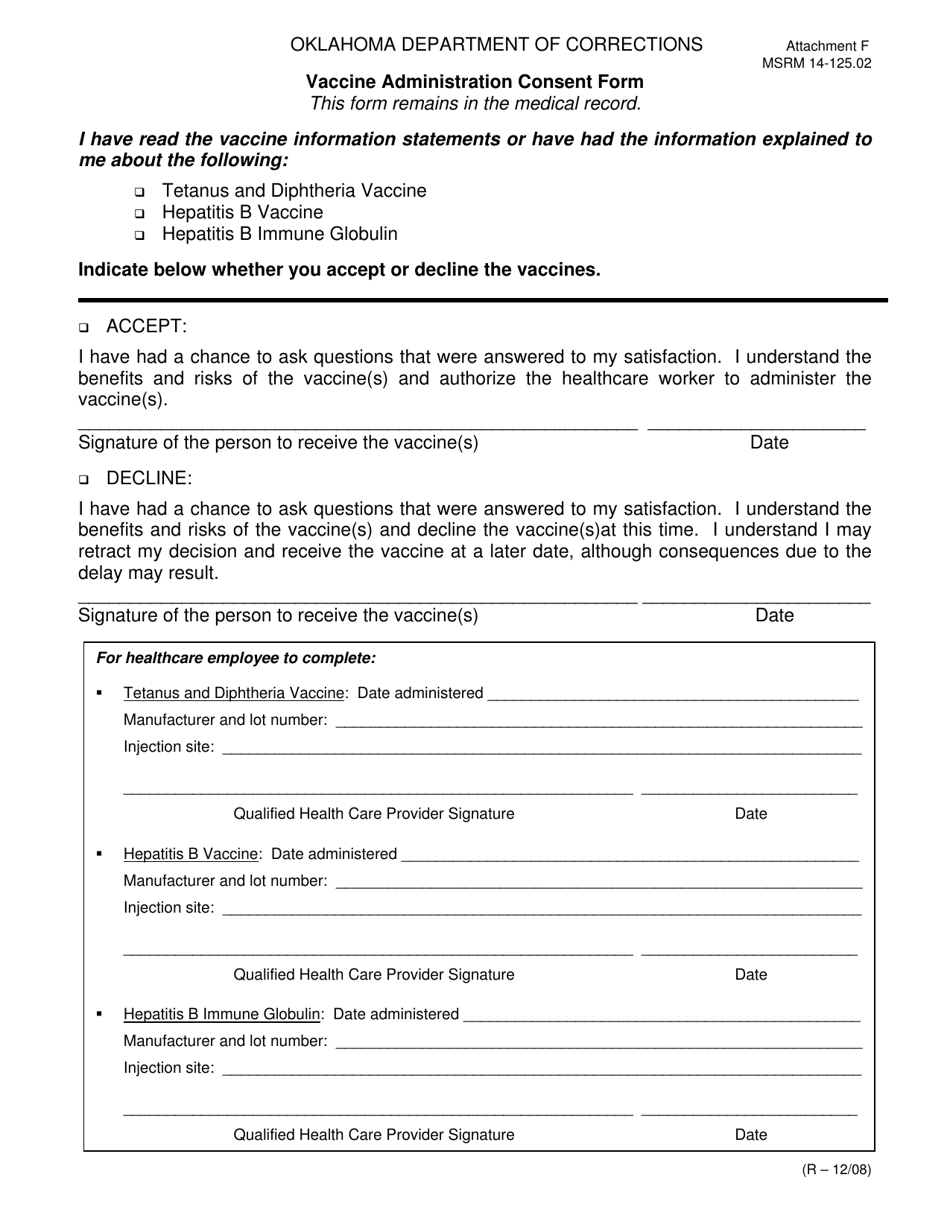 Form MSRM140125.02 Attachment F Vaccine Administration Consent Form - Oklahoma, Page 1