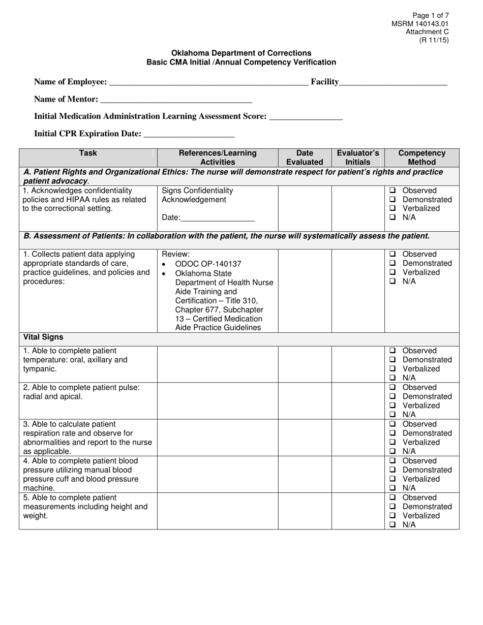 Form MSRM140143.01 Attachment C Basic Cma Initial / Annual Competency Verification - Oklahoma, Page 1