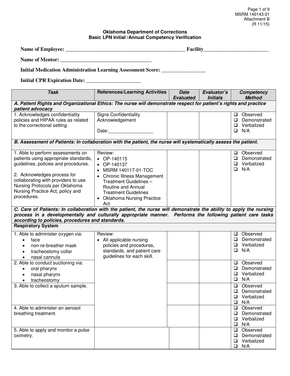 Form MSRM140143.01 Attachment B Basic Lpn Initial / Annual Competency Verification - Oklahoma, Page 1