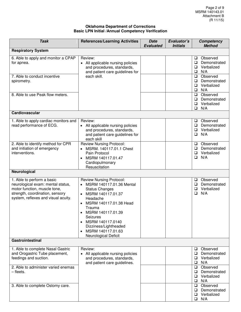 Form MSRM140143.01 Attachment B Basic Lpn Initial / Annual Competency Verification - Oklahoma, Page 2