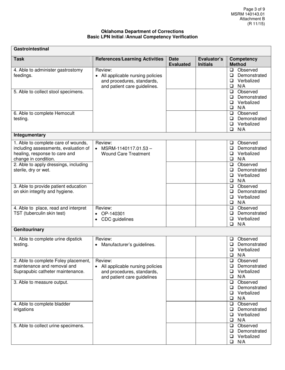 Form MSRM140143.01 Attachment B Basic Lpn Initial / Annual Competency Verification - Oklahoma, Page 3