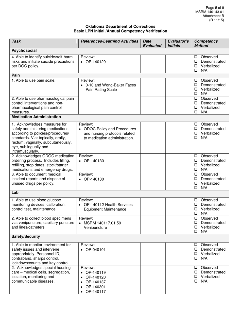 Form MSRM140143.01 Attachment B Basic Lpn Initial / Annual Competency Verification - Oklahoma, Page 5