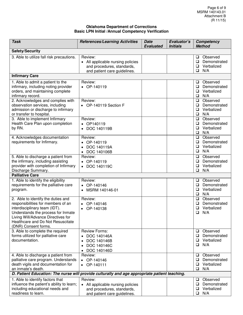 Form MSRM140143.01 Attachment B Basic Lpn Initial / Annual Competency Verification - Oklahoma, Page 6