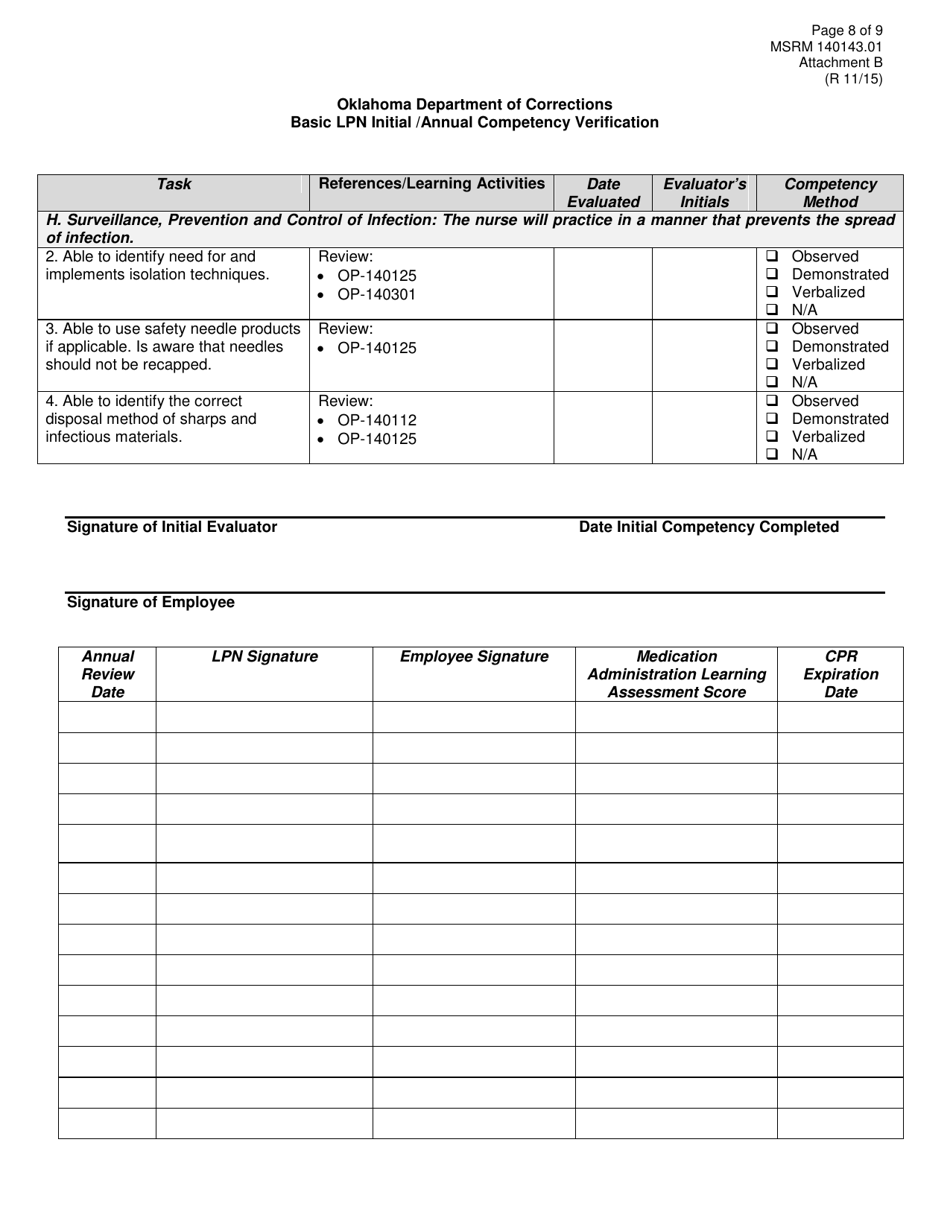 Form MSRM140143.01 Attachment B Basic Lpn Initial / Annual Competency Verification - Oklahoma, Page 8