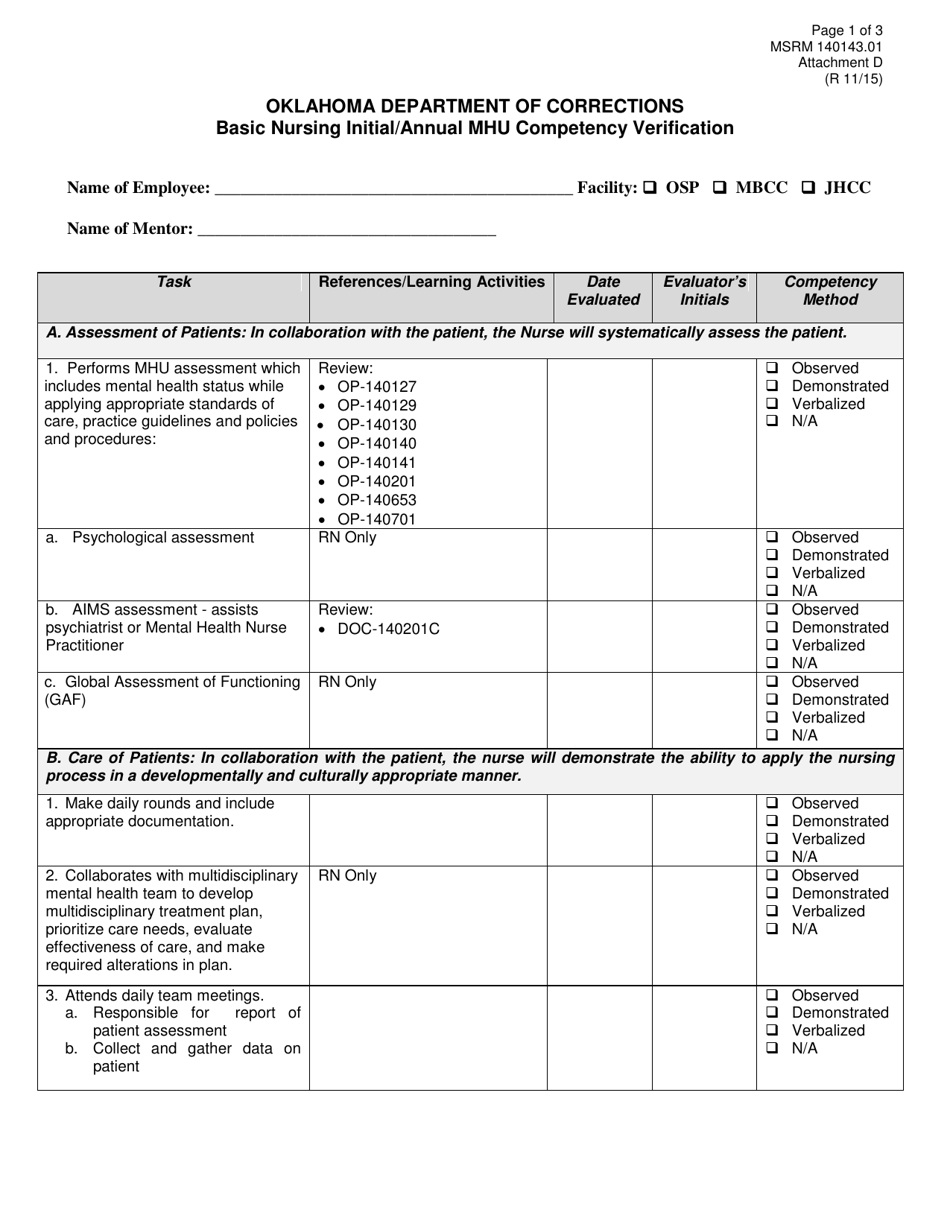 Form MSRM140143.01 Attachment D Basic Nursing Initial / Annual Mhu Competency Verification - Oklahoma, Page 1
