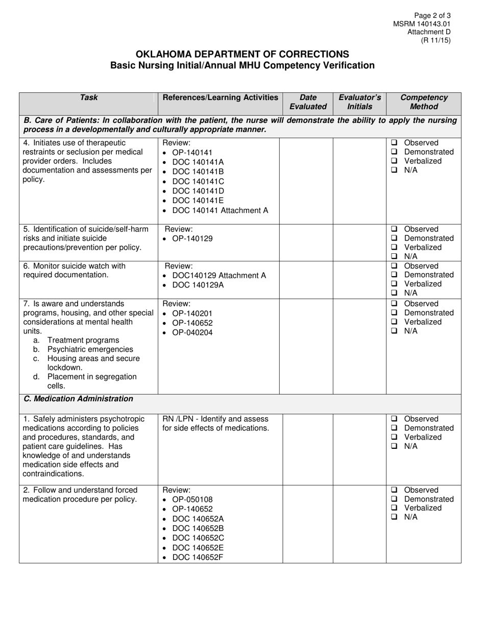 Form MSRM140143.01 Attachment D Basic Nursing Initial / Annual Mhu Competency Verification - Oklahoma, Page 2