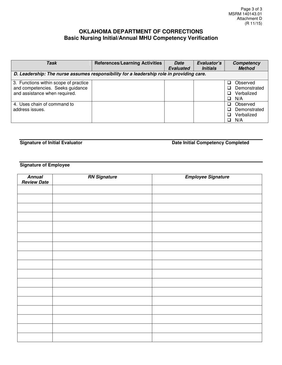 Form MSRM140143.01 Attachment D Basic Nursing Initial / Annual Mhu Competency Verification - Oklahoma, Page 3