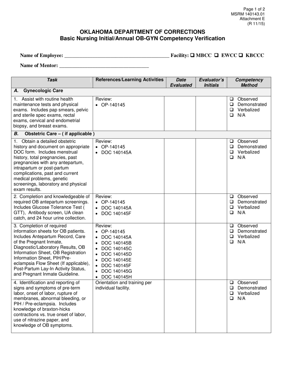 Form MSRM140143.01 Attachment E Basic Nursing Initial / Annual Ob-Gyn Competency Verification - Oklahoma, Page 1
