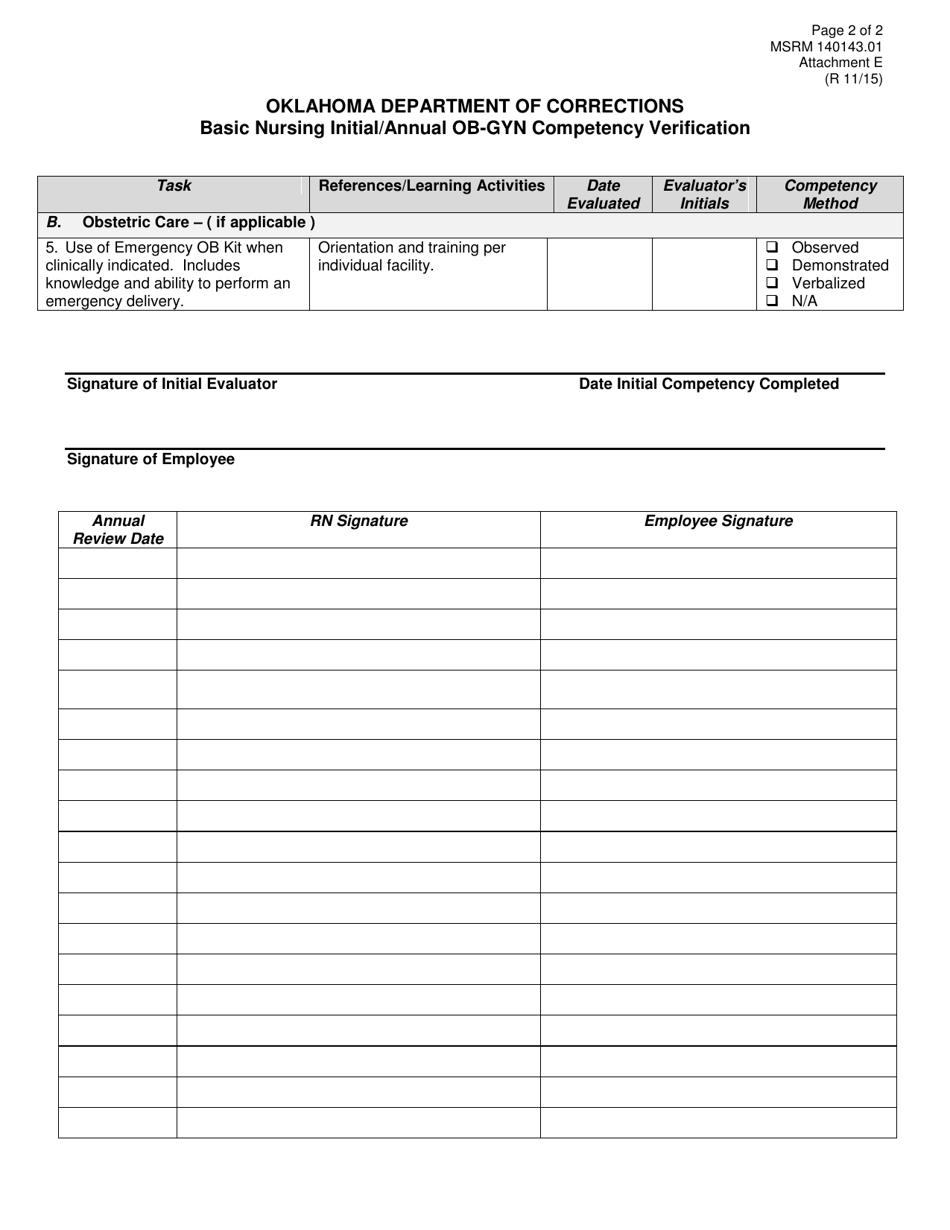 Form MSRM140143.01 Attachment E Basic Nursing Initial / Annual Ob-Gyn Competency Verification - Oklahoma, Page 2