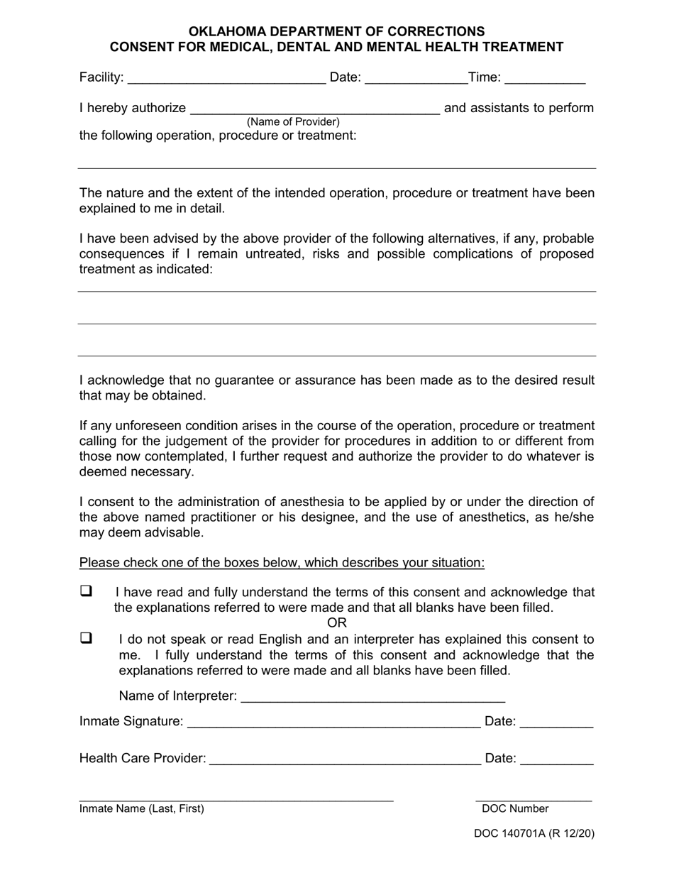 Form OP-140701A Consent for Medical, Dental and Mental Health Treatment - Oklahoma, Page 1