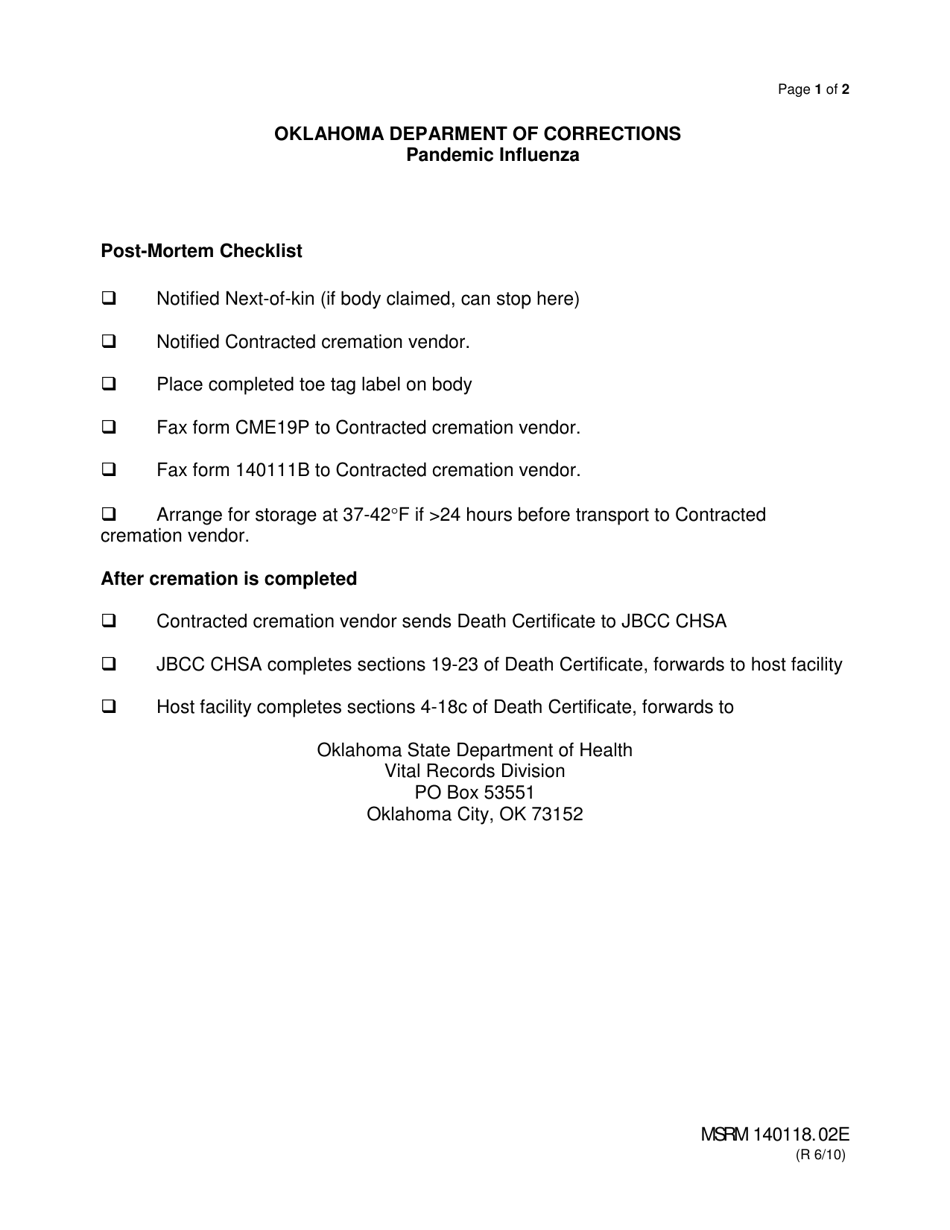 Form MSRM140118.02E Post-mortem Checklist - Oklahoma, Page 1