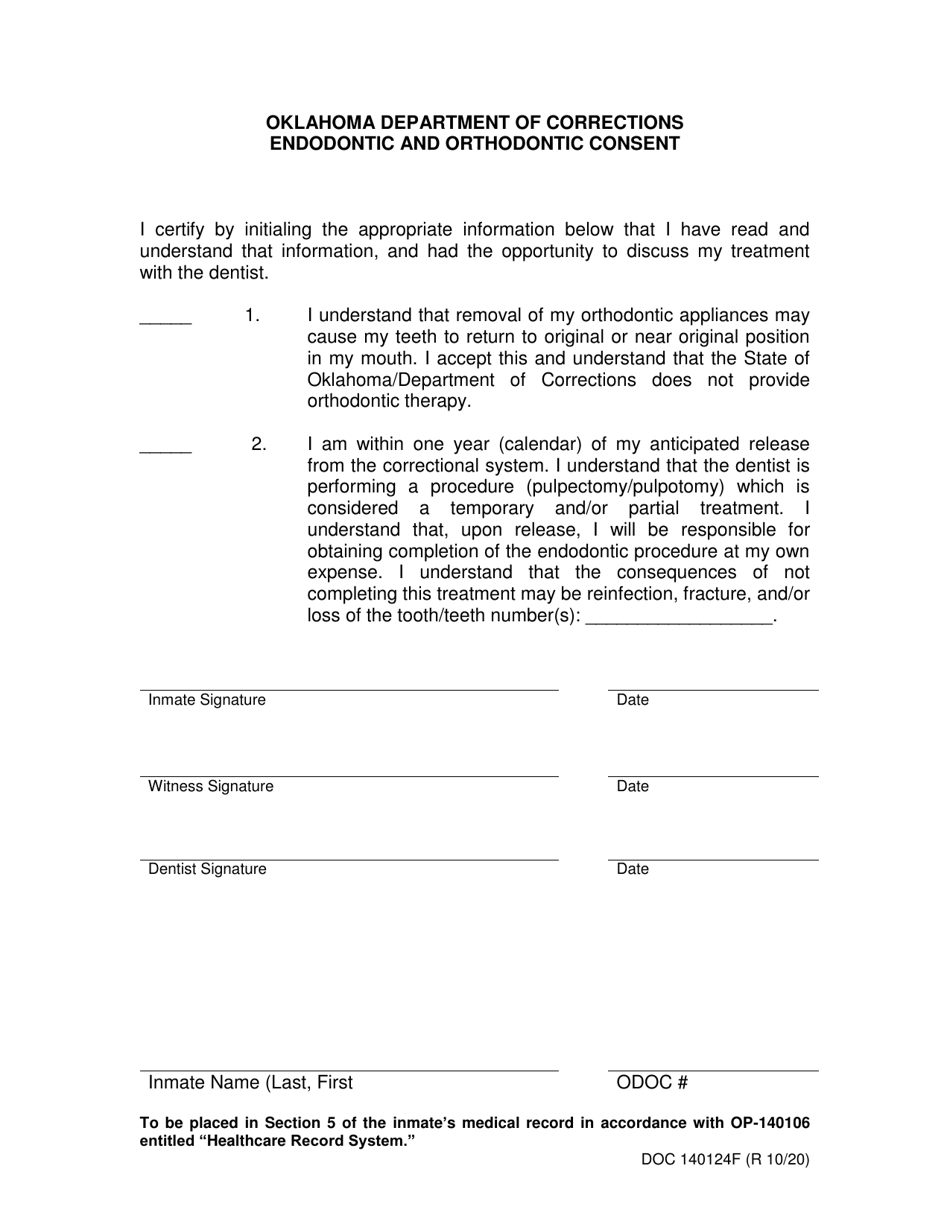 Form OP-140124F Endodontic and Orthodontic Consent - Oklahoma, Page 1