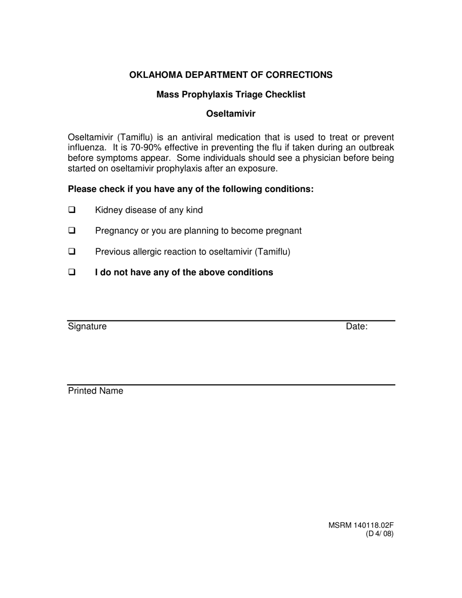 Form MSRM140118.02F Mass Prophylaxis Triage Checklist - Oklahoma, Page 1