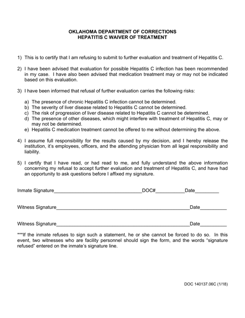 Form OP-140137.06C Hepatitis C Waiver of Treatment - Oklahoma