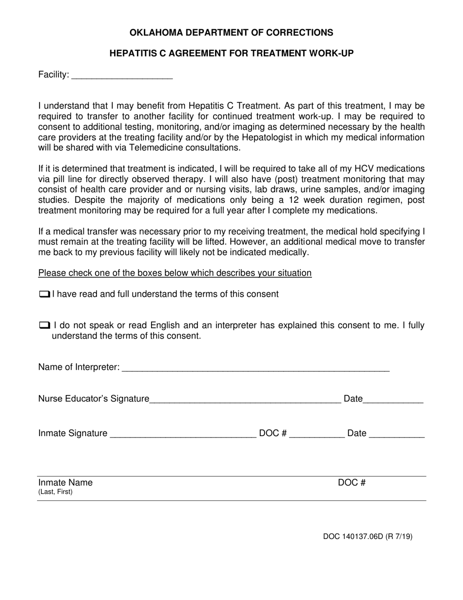 Form OP-140137.06D Hepatitis C Agreement for Treatment Work-Up - Oklahoma, Page 1