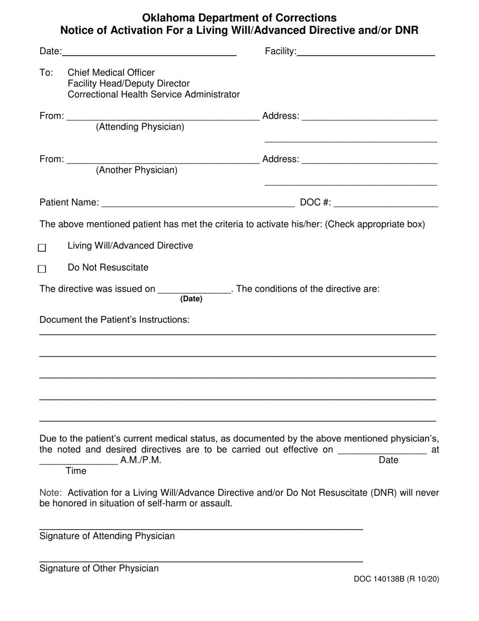 Form OP-140138B Notice of Activation for a Living Will / Advanced Directive and / or Dnr - Oklahoma, Page 1