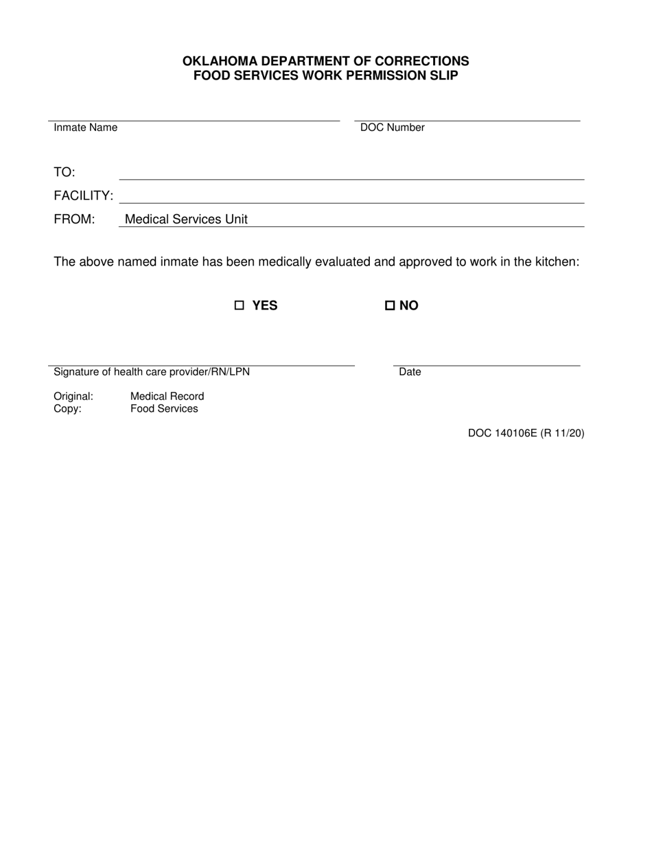 Form OP-140106E Food Services Work Permission Slip - Oklahoma, Page 1