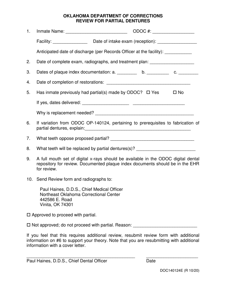Form OP-140124E Review for Partial Dentures - Oklahoma, Page 1