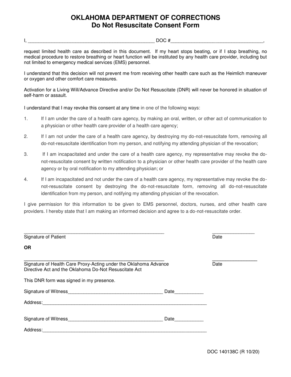 Form OP-140138C Do Not Resuscitate Consent Form - Oklahoma, Page 1