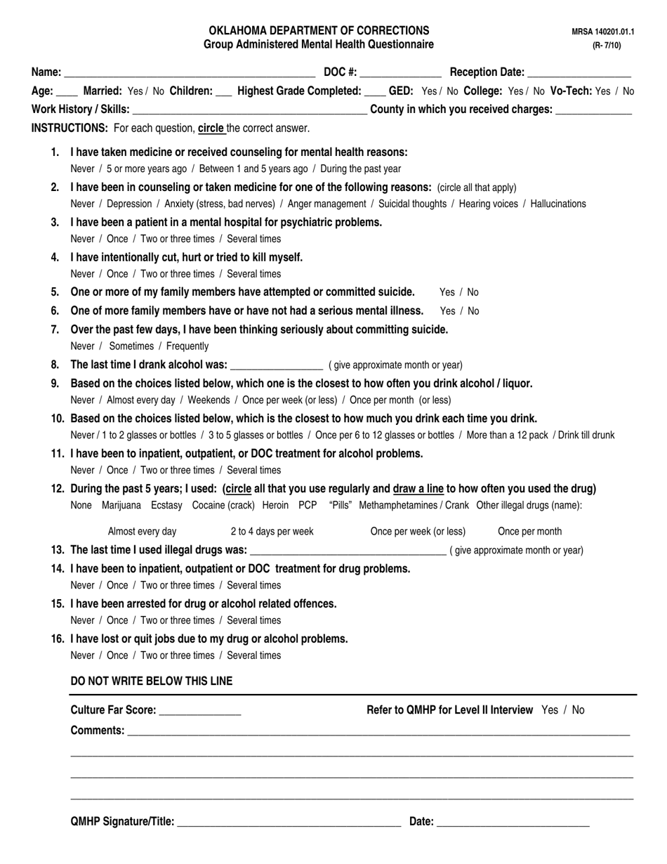Form MSRM140201.01.1 Group Administered Mental Health Questionnaire - Oklahoma, Page 1
