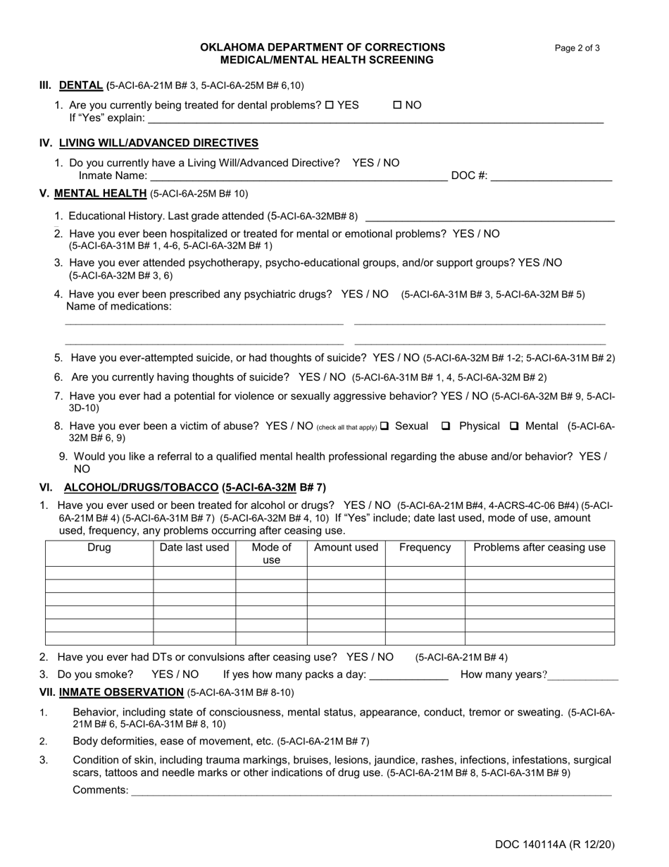 Form OP-140114A Medical / Mental Health Screening - Oklahoma, Page 2