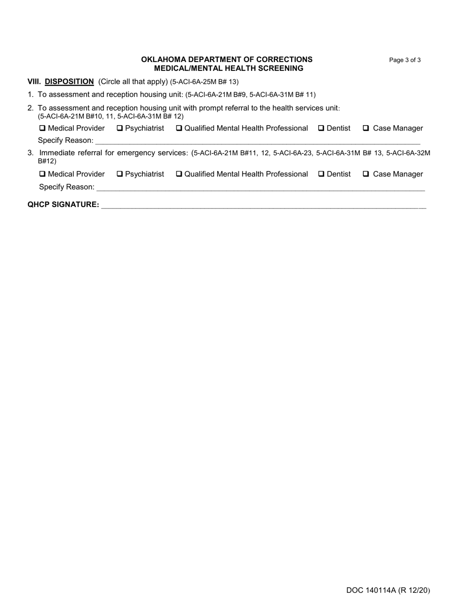 Form OP-140114A Medical / Mental Health Screening - Oklahoma, Page 3