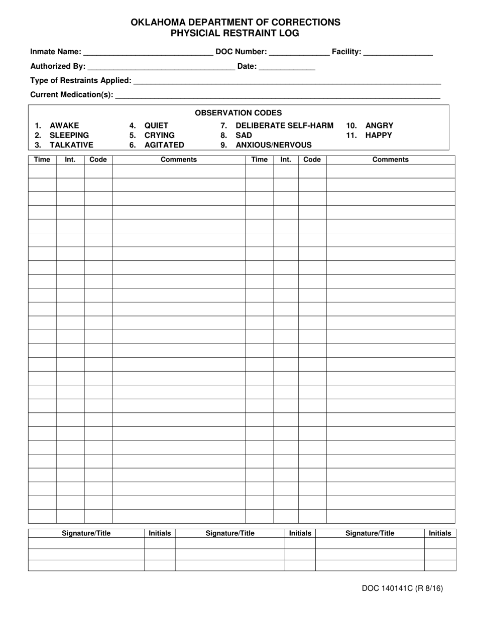 Form OP-140141C Physicial Restraint Log - Oklahoma, Page 1