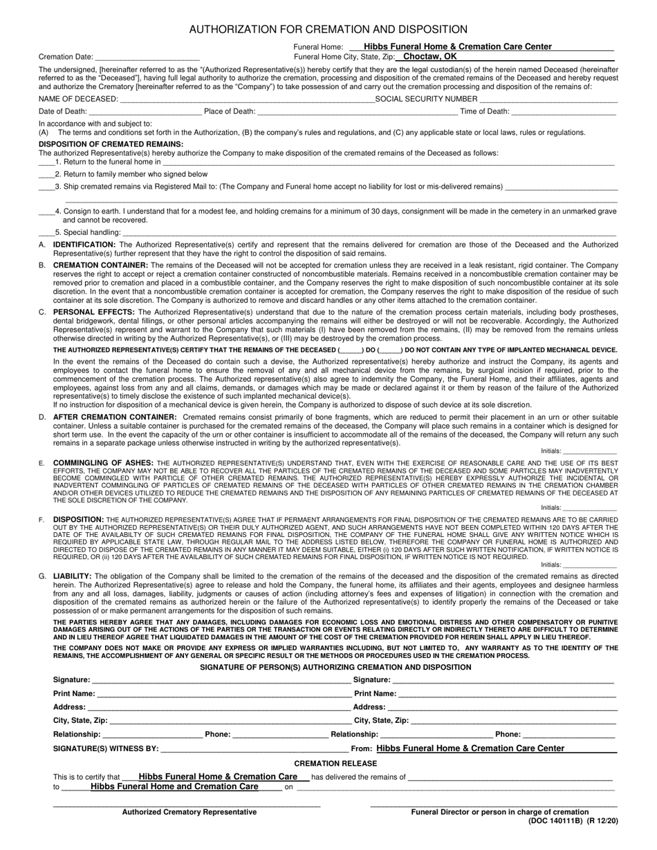 Form OP-140111B Authorization for Cremation and Disposition - Oklahoma, Page 1