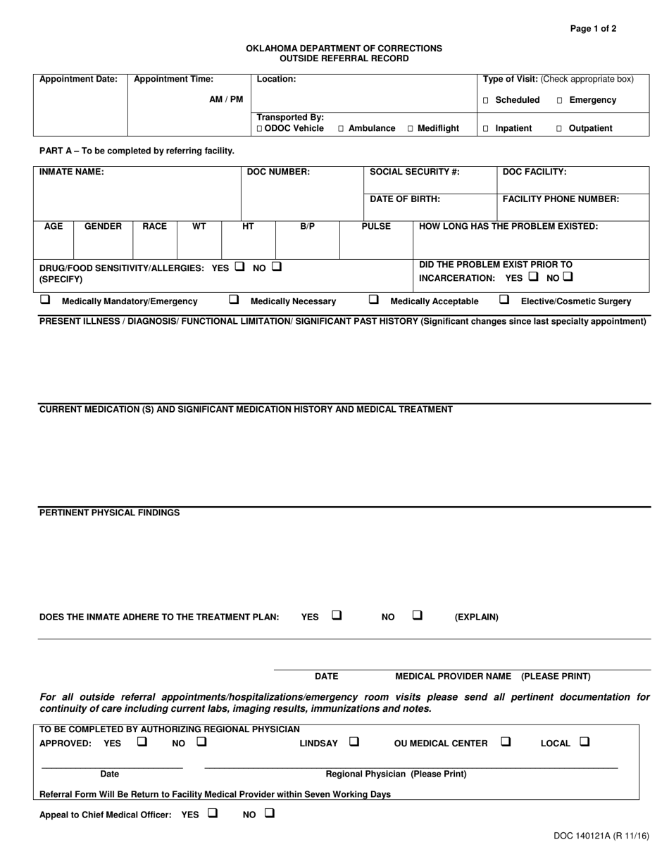 Form OP-140121A Outside Referral Record - Oklahoma, Page 1
