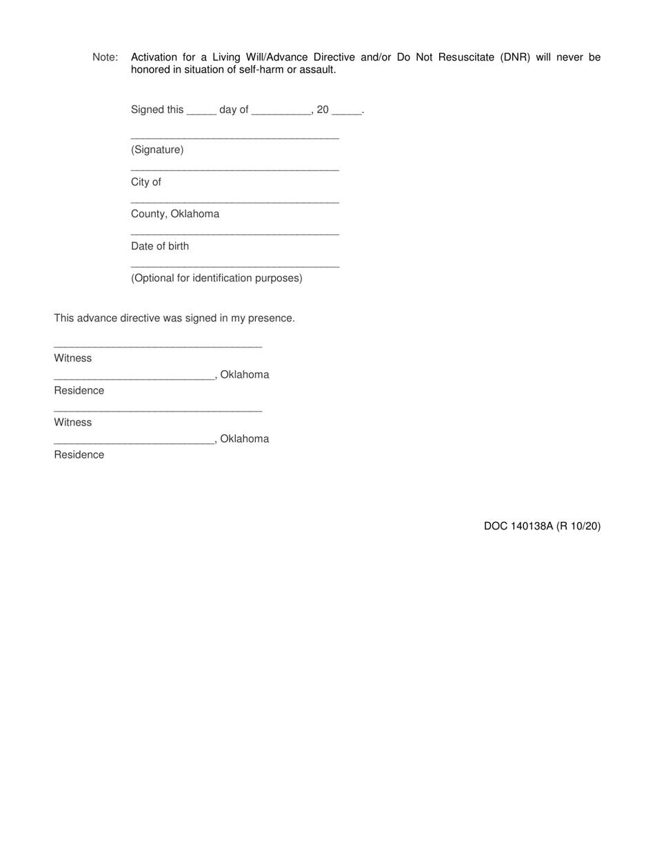 Form OP-140138A Living Will / Advance Directive for Health Care - Oklahoma, Page 4