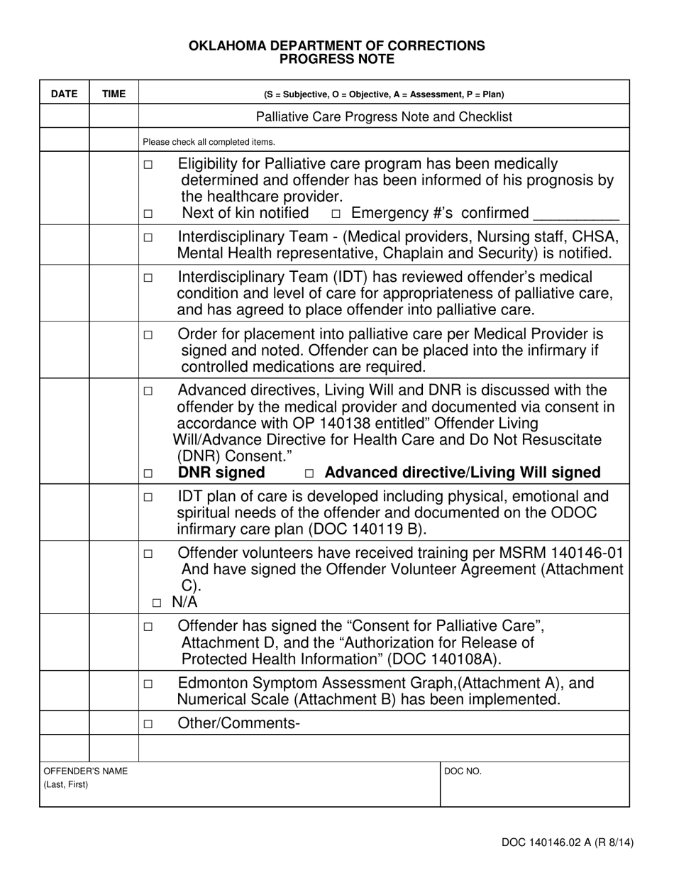 Form OP-140146.02 A Palliative Care Progress Note and Checklist - Oklahoma, Page 1