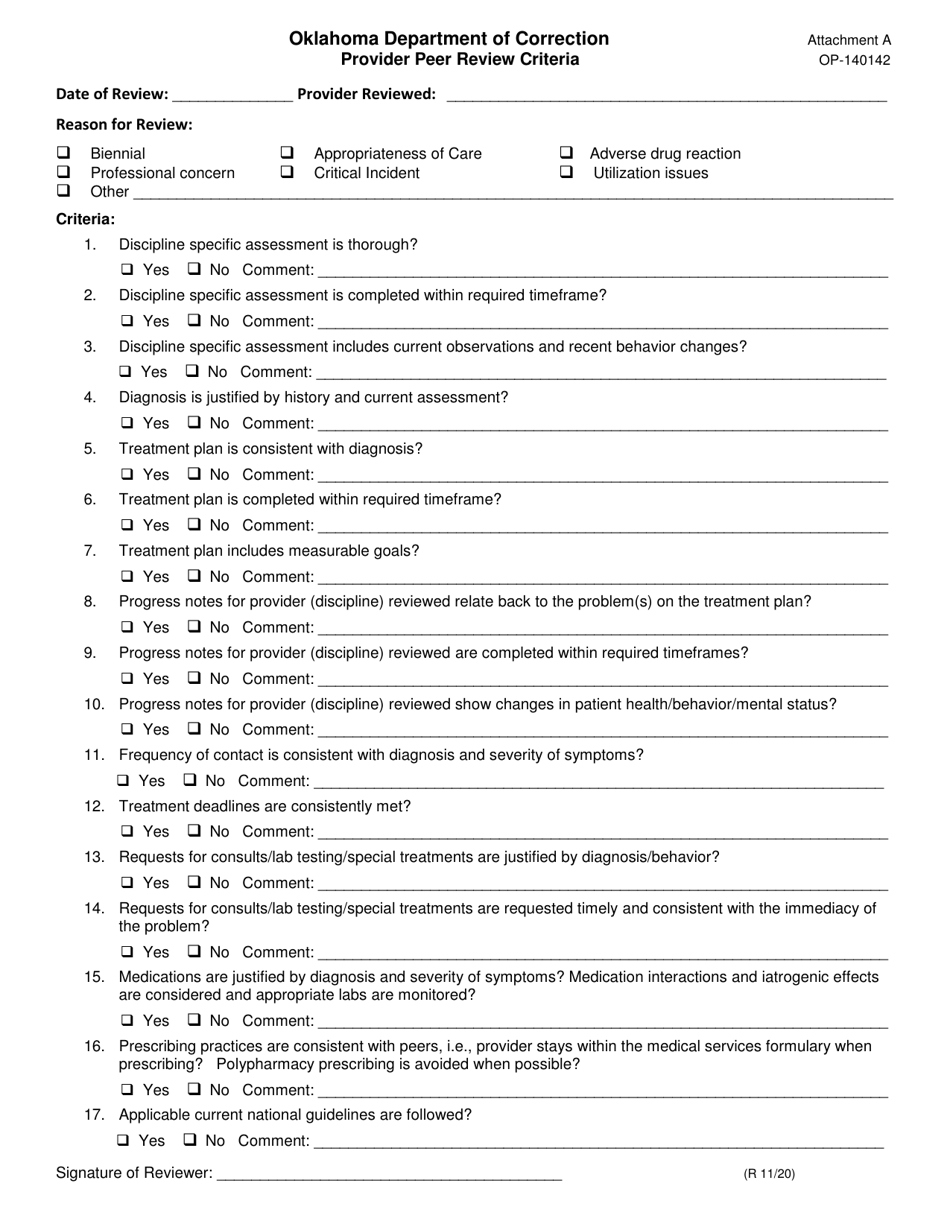 Form OP-140142 Attachment A Provider Peer Review Criteria - Oklahoma, Page 1