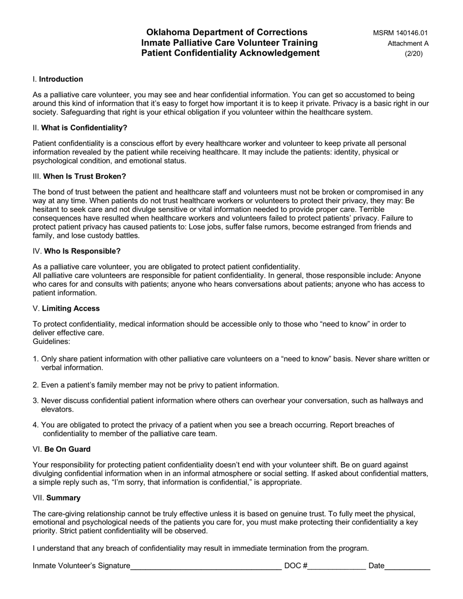 Form MSRM140146.01 Attachment A Patient Confidentiality Acknowledgement - Oklahoma, Page 1