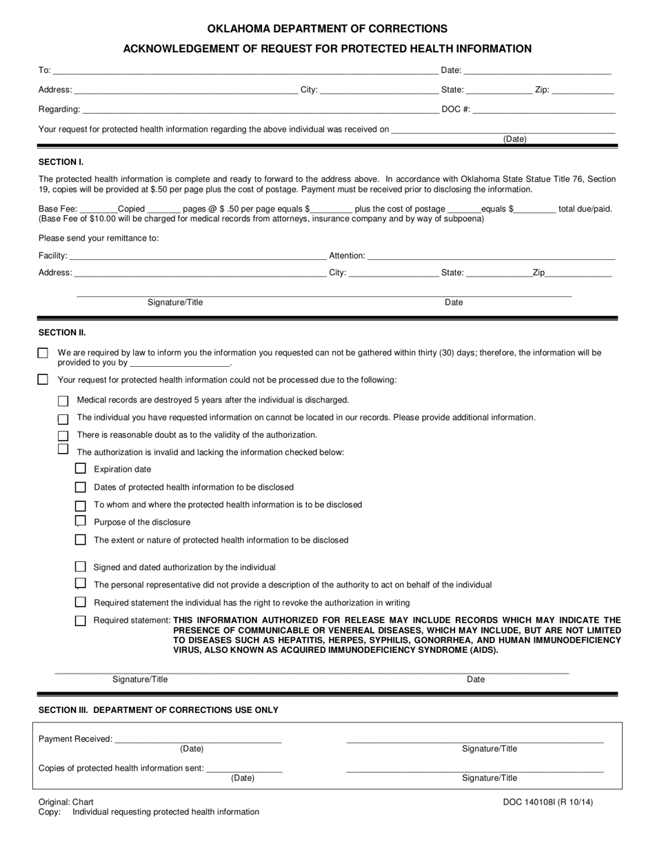Form OP-140108I Acknowledgement of Request for Protected Health Information - Oklahoma, Page 1