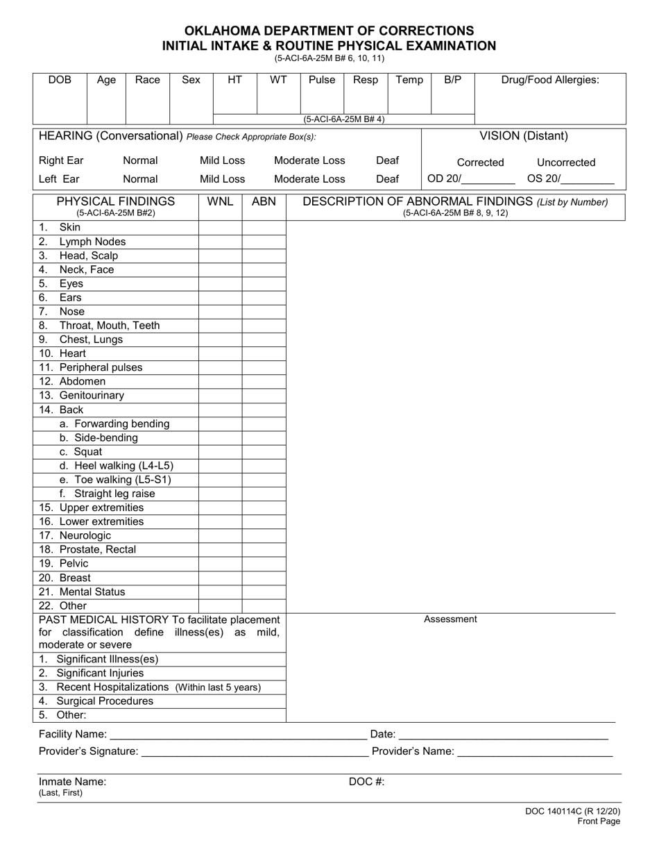 Form OP-140114C Initial Intake  Routine Physical Examination - Oklahoma, Page 1