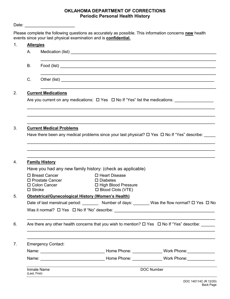 Form OP-140114C Initial Intake  Routine Physical Examination - Oklahoma, Page 2