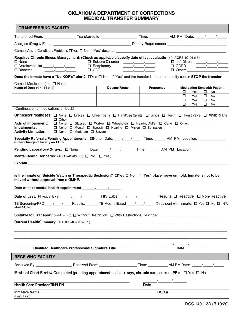 Form OP-140113A Medical Transfer Summary - Oklahoma, Page 1