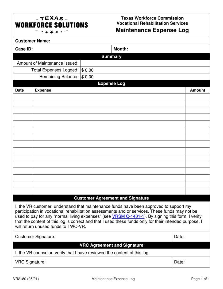 Form VR2180 Maintenance Expense Log - Texas, Page 1