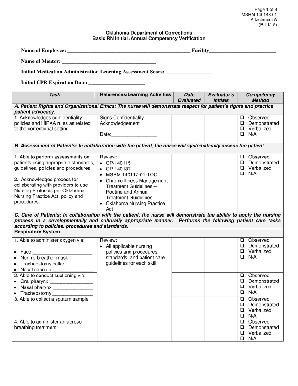 Form MSRM140143.01 Attachment A Basic Rn Initial / Annual Competency Verification - Oklahoma, Page 1
