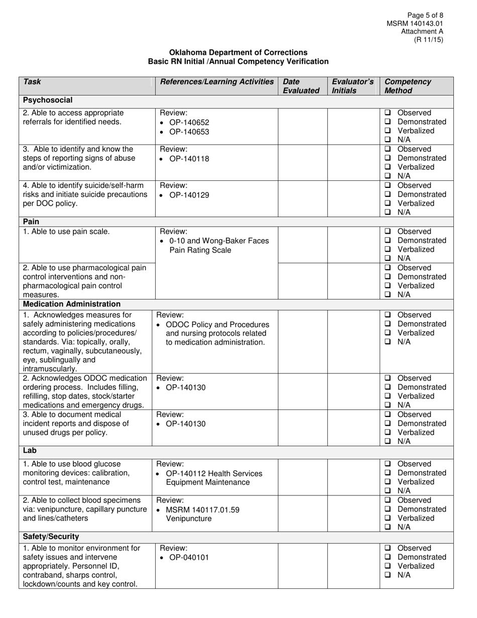 Form MSRM140143.01 Attachment A Basic Rn Initial / Annual Competency Verification - Oklahoma, Page 5